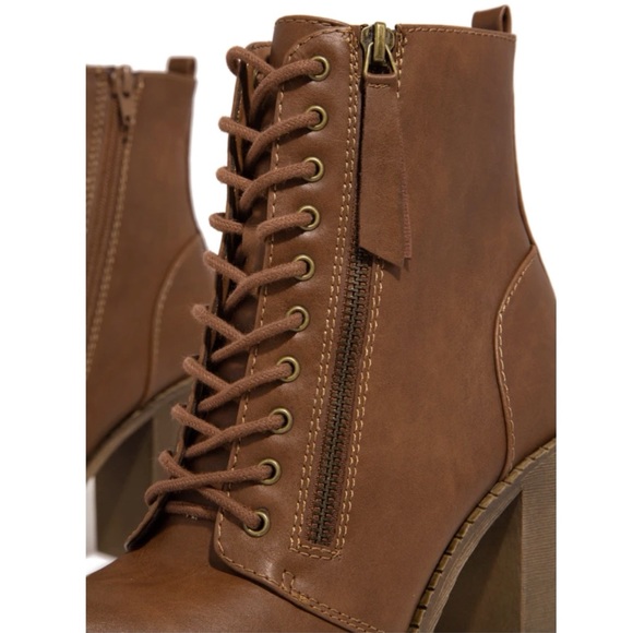 Tan Lace Up High Chunky Heel Combat Boots - Picture 4 of 11